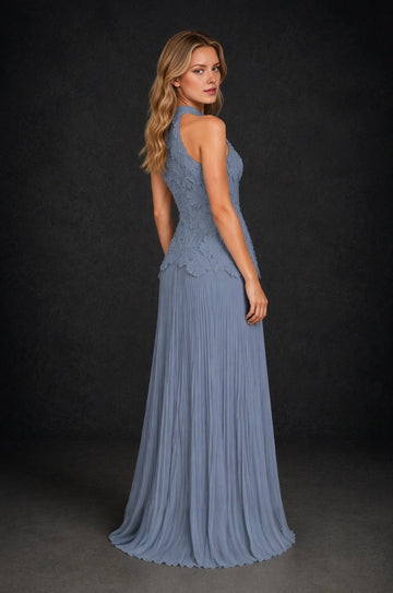 Vedress dusty-blue floral lace halter-style wedding guest dress with pleated skirt back view