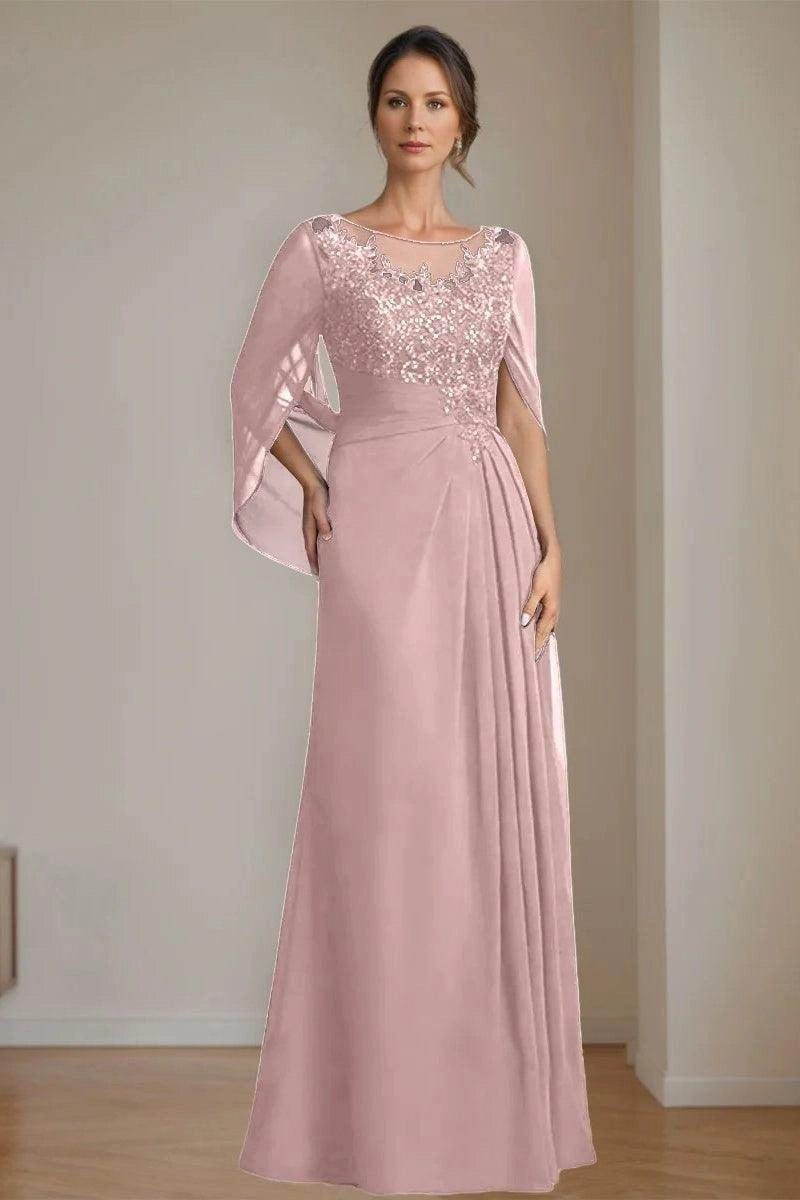 Modest A-Line Bateau Cape Sleeve Zip Back Floor Length Mother Of The Bride Dress