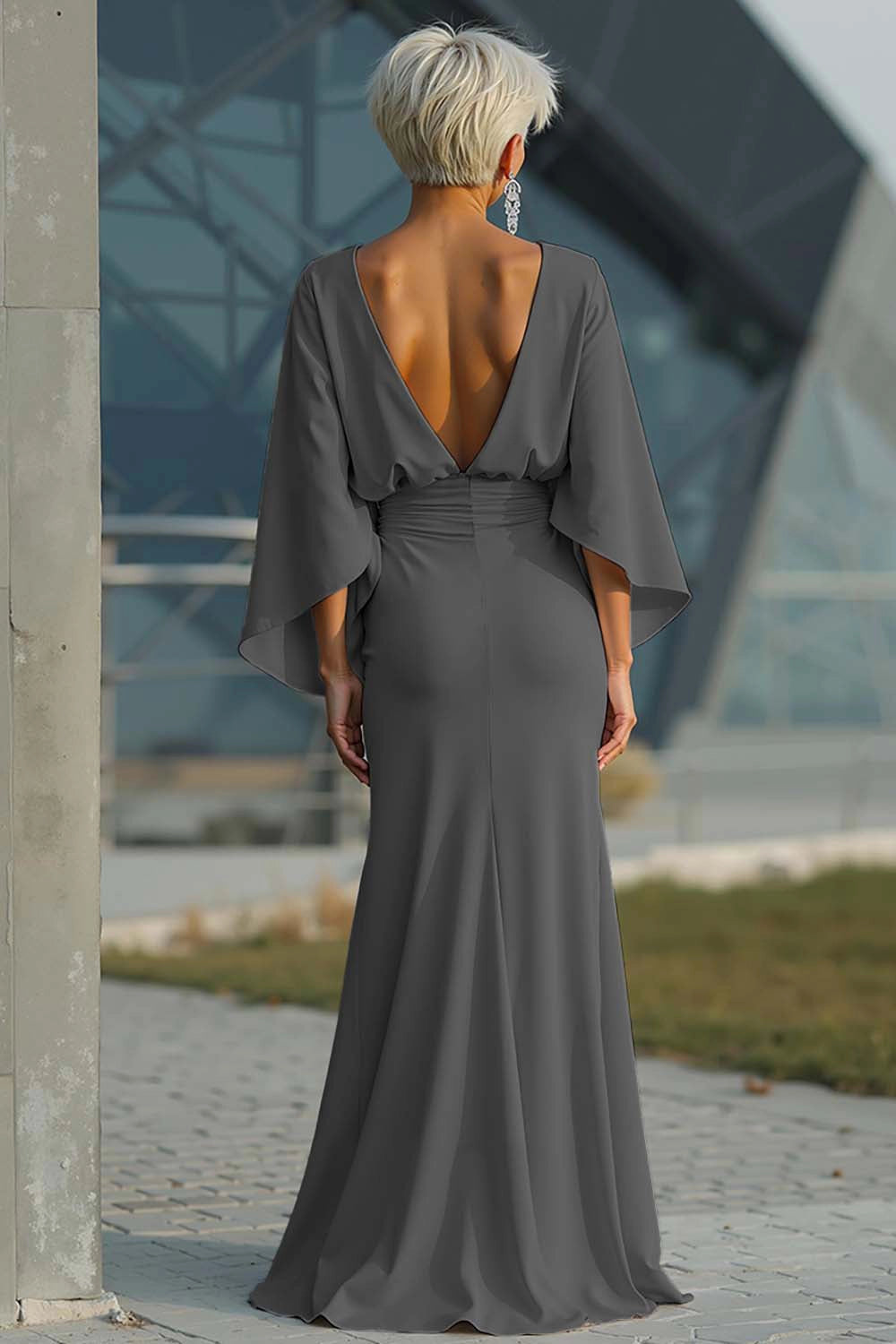 Satin Mermaid Boat Neck Dolman Deep V Back Maxi Wedding Guest Dress