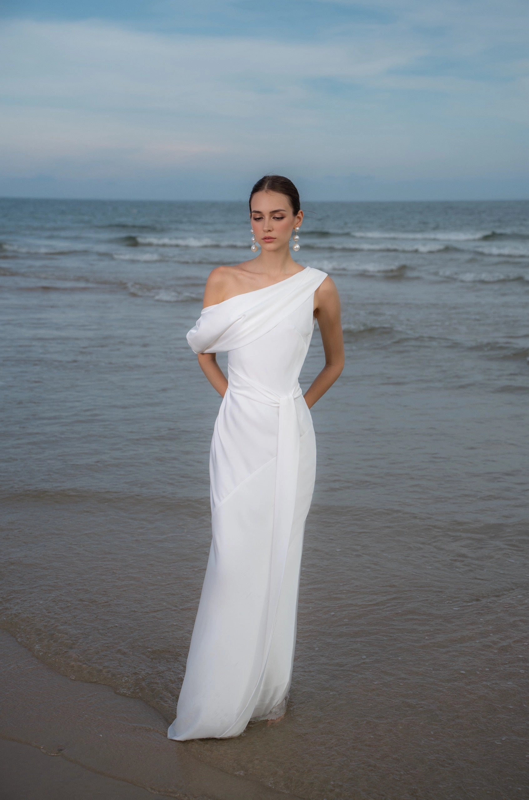 Chic Sheath One‑Shoulder Asymmetrical Open Back Floor‑Length Wedding Dress