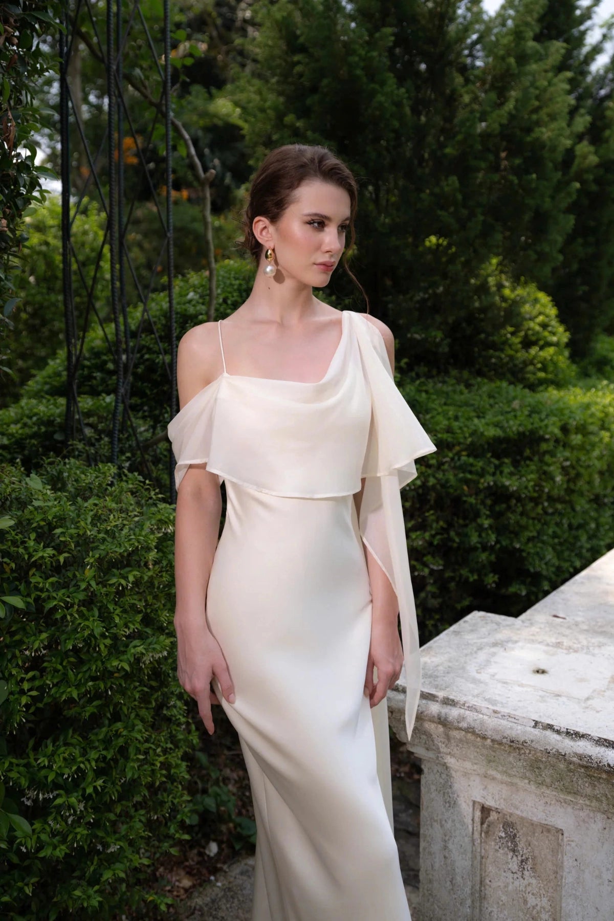 Romantic Mermaid Cowl Off‑Shoulder Lace‑Up‑Back Floor‑Length Wedding Dress