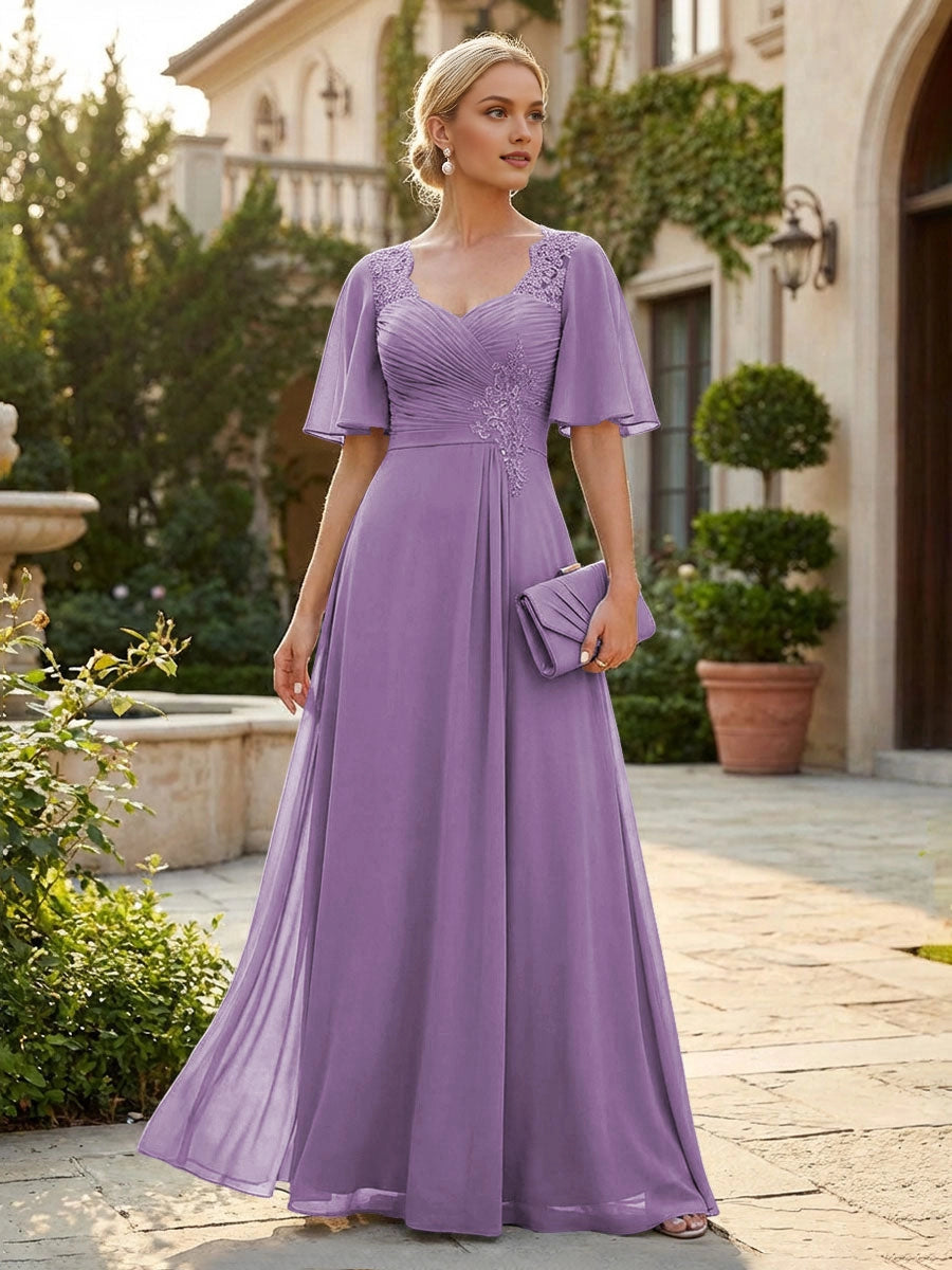 Graceful Dusty Blue A-Line Sweetheart Flutter-Sleeve Sweetheart-Back Floor-Length Mother Of The Bride Dress
