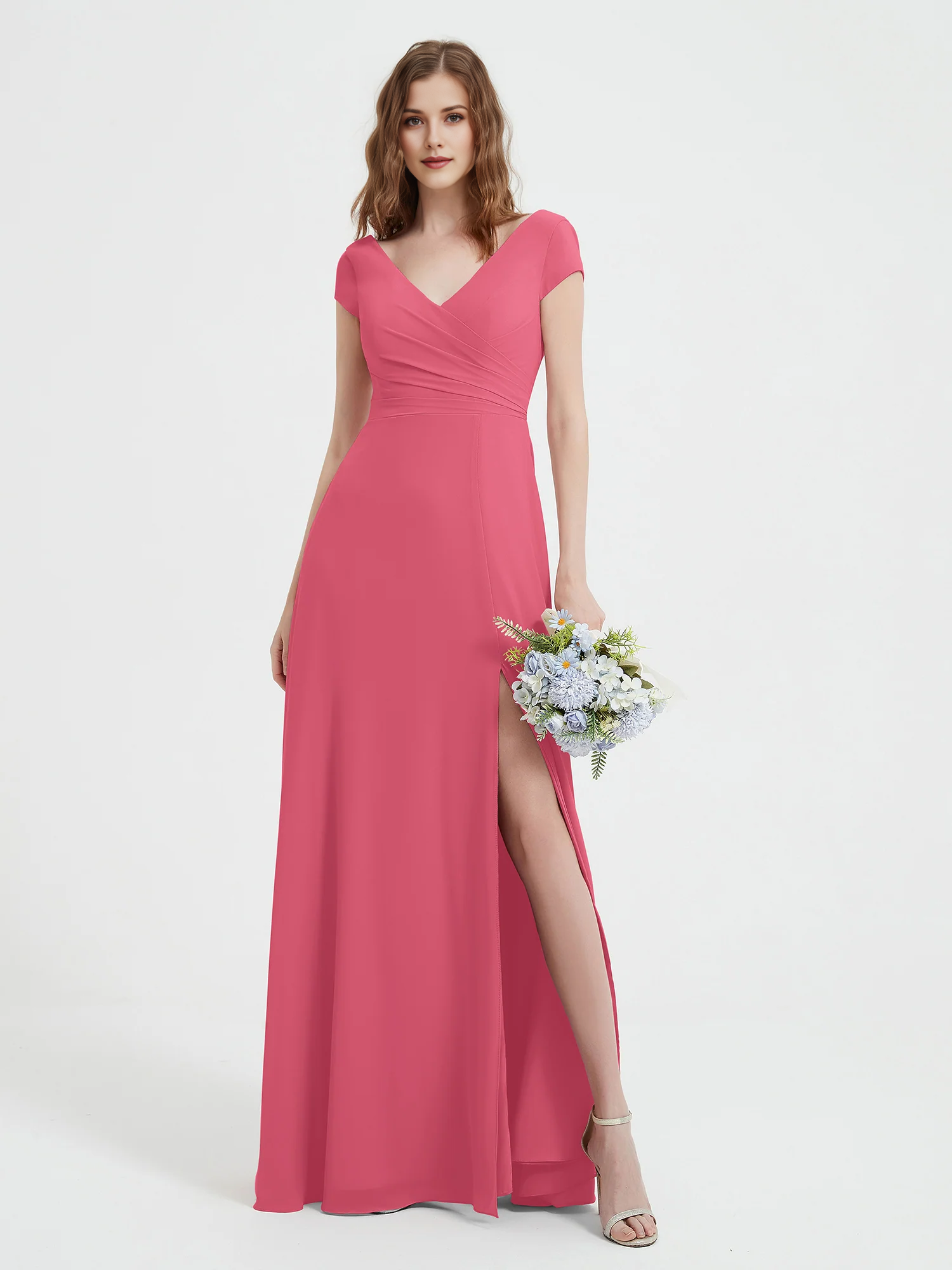 Cap Sleeve V-Neck Wrap Waist High Slit Chiffon Floor-Length Bridesmaid Evening Maxi Dress