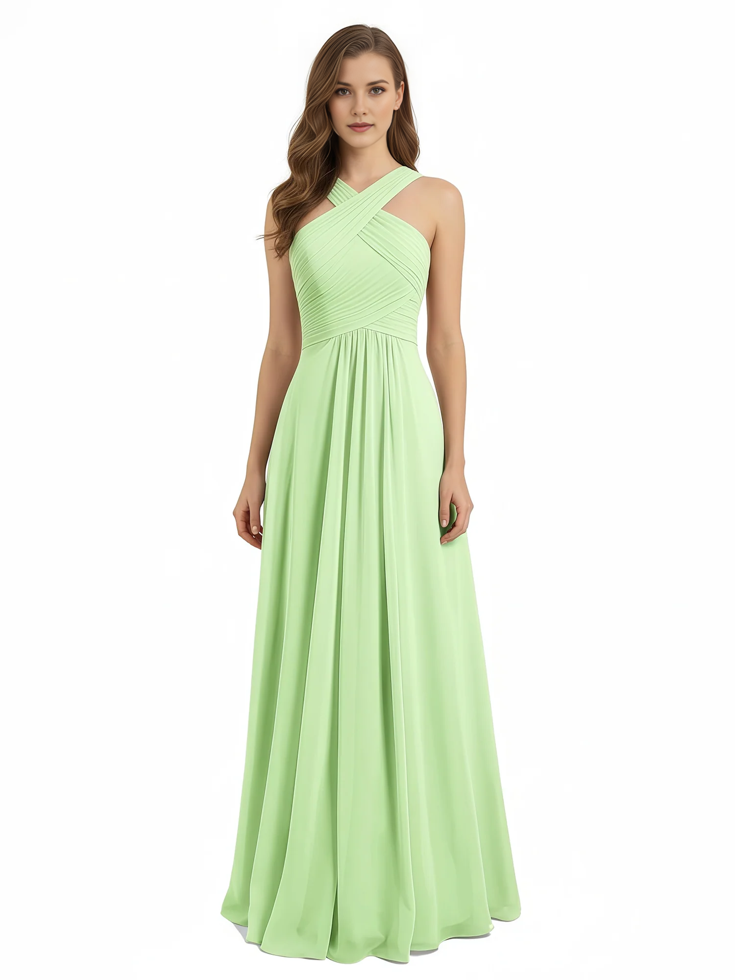 Crisscross Neck Pleated Bodice Flowy Chiffon A-Line Floor-Length Bridesmaid Evening Maxi Dress
