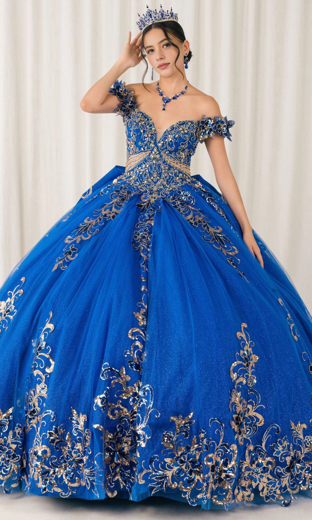 Glam Ball Gown Off‑Shoulder Floral Sleeve Lace‑Up Back Sweep Train Quinceanera Dress
