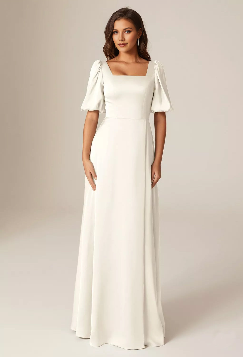 Square Neck Puff Sleeve Satin A-Line Bridesmaid Maxi Dress with Side Slit