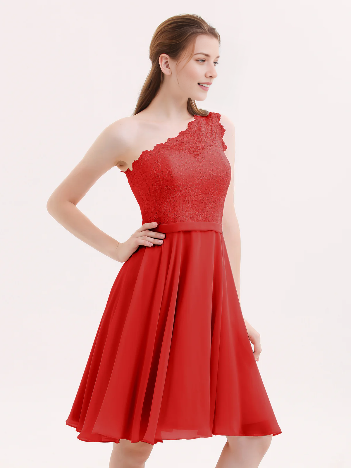 One Shoulder Lace Top A-Line Knee-Length Chiffon Bridesmaid Homecoming Short Dress
