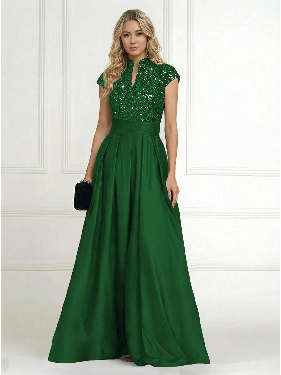 Luxury A-Line High-Neck Cap-Sleeve Zip-Back Floor-Length Plus Size Mother of the Bride Dress