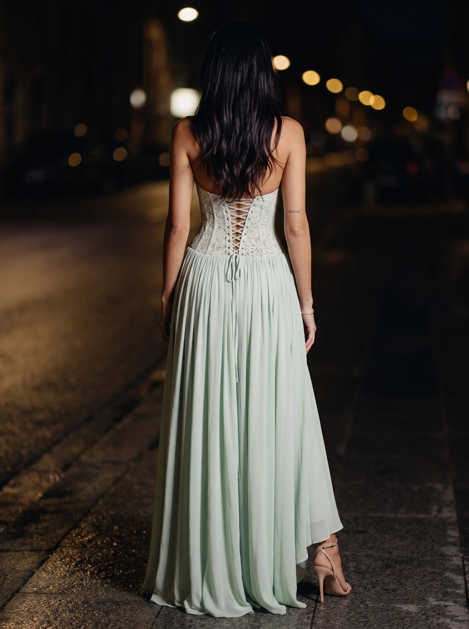 Dusty‑Pink A‑Line Halter Lace‑Corset‑Back Long Bridesmaid Dress
