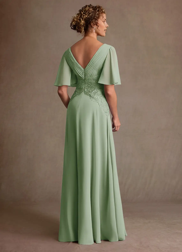 V-Neck Flutter Sleeve Lace Waist Chiffon A-Line Floor-Length Mother of the Bride Dress