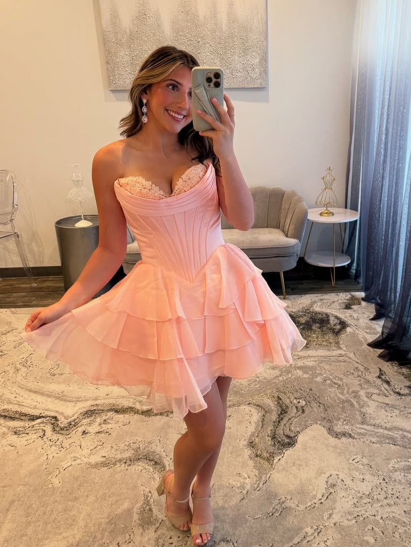 A Line Sweetheart Yellow Corset Homecoming Dress with Appliques Ruffles