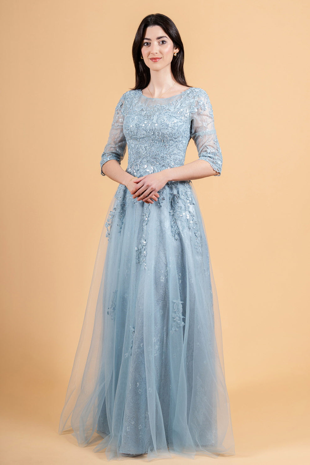 Dusty Blue Half-Sleeve Lace & Sequin Evening Gown - Elegant Formal Maxi Dress