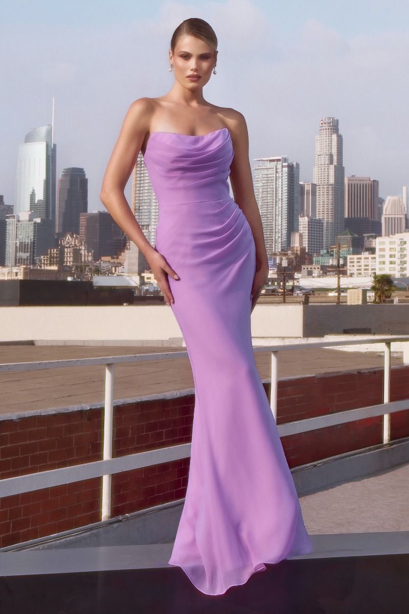 Vestido de gala de sirena de gasa fruncida sin tirantes glamuroso – Vestido de noche formal e ideal para graduaciones, bodas y ocasiones especiales
