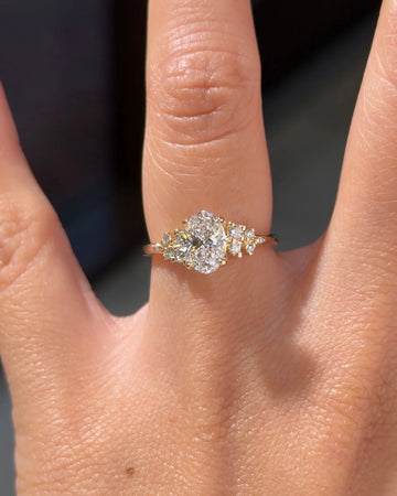 Gold Tone Oval Cluster Engagement Ring with Floral Side Stones