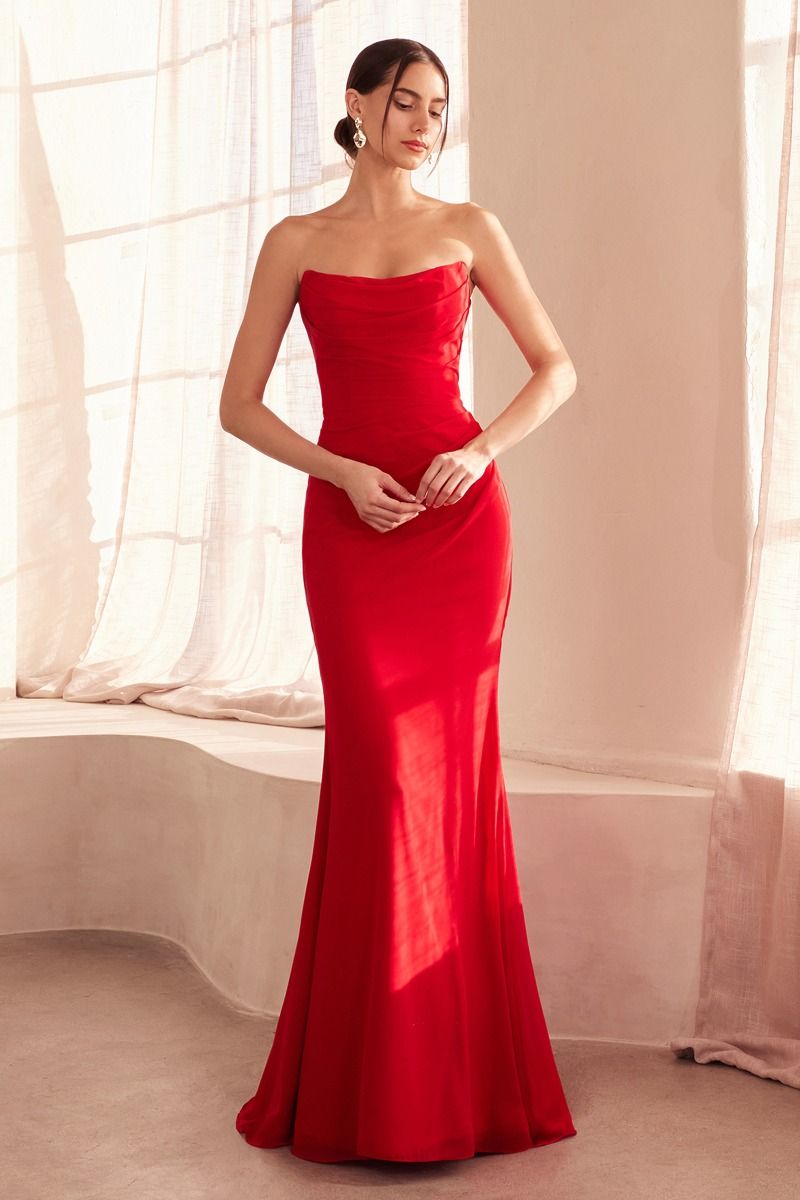Vestido de gala de sirena de gasa fruncida sin tirantes glamuroso – Vestido de noche formal e ideal para graduaciones, bodas y ocasiones especiales