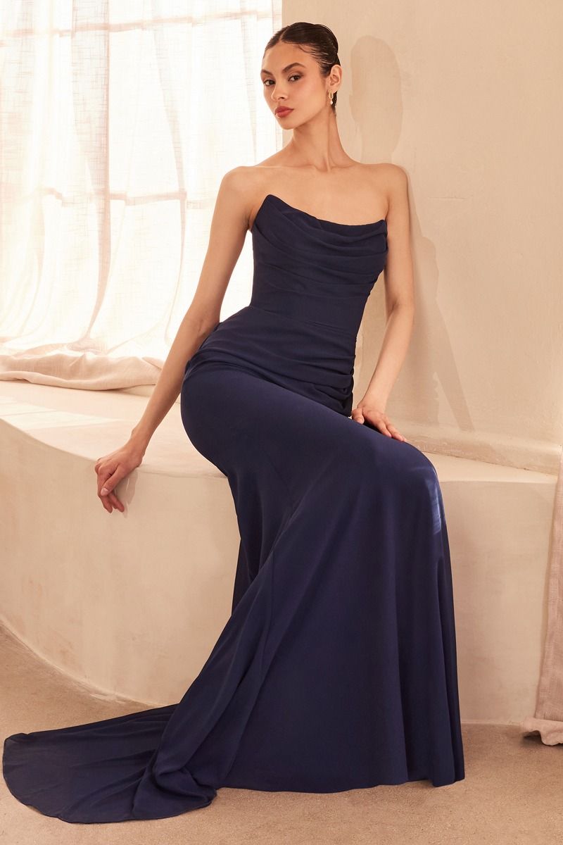 Vestido de gala de sirena de gasa fruncida sin tirantes glamuroso – Vestido de noche formal e ideal para graduaciones, bodas y ocasiones especiales