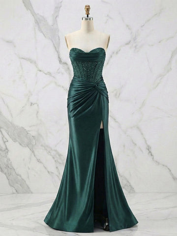 Glamorous Mermaid Sweetheart Strapless Lace-Up Back Floor-Length Beaded Satin Prom Dress