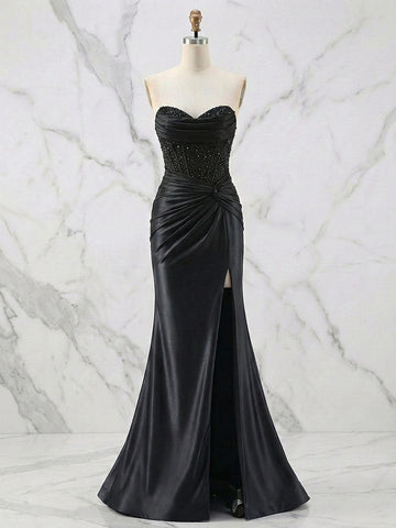 Glamorous Mermaid Sweetheart Strapless Lace-Up Back Floor-Length Beaded Satin Prom Dress