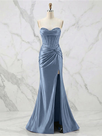 Glamorous Mermaid Sweetheart Strapless Lace-Up Back Floor-Length Beaded Satin Prom Dress