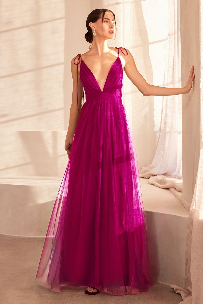 Prom Dress Spaghetti Strap Deep V-Neck Tulle Maxi Dress with Double Slits – Elegant Bridesmaid & Formal Evening Gown for Wedding & Special Occasions