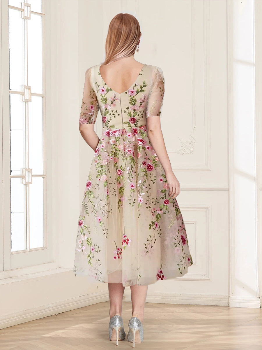 Back view vedress v back zip elbow sleeve floral embroidered tulle midi plus size mother gown