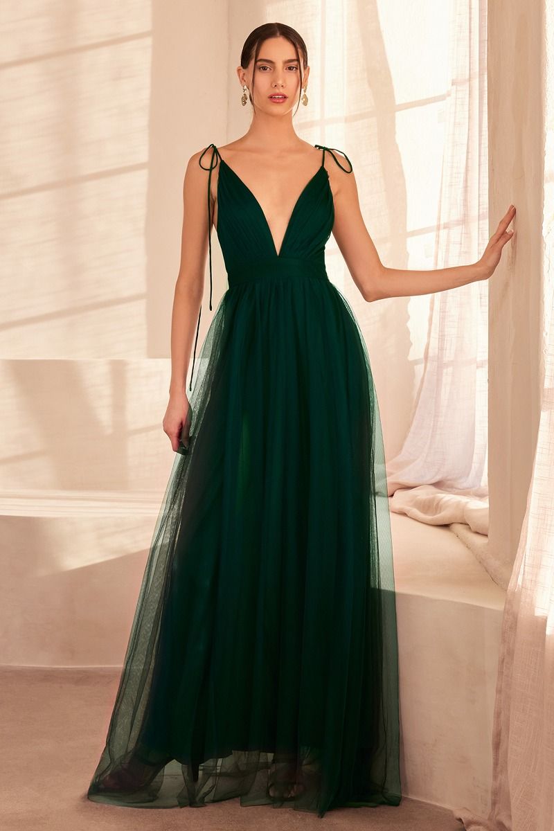 Prom Dress Spaghetti Strap Deep V-Neck Tulle Maxi Dress with Double Slits – Elegant Bridesmaid & Formal Evening Gown for Wedding & Special Occasions