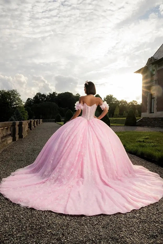 Lace Ball Gown Sweetheart Off Shoulder Flower Corset Back Train Quinceañera Dress