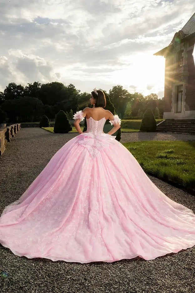 Vedress pink quinceañera dress corset lace-up back layered ruffle bow long train back view