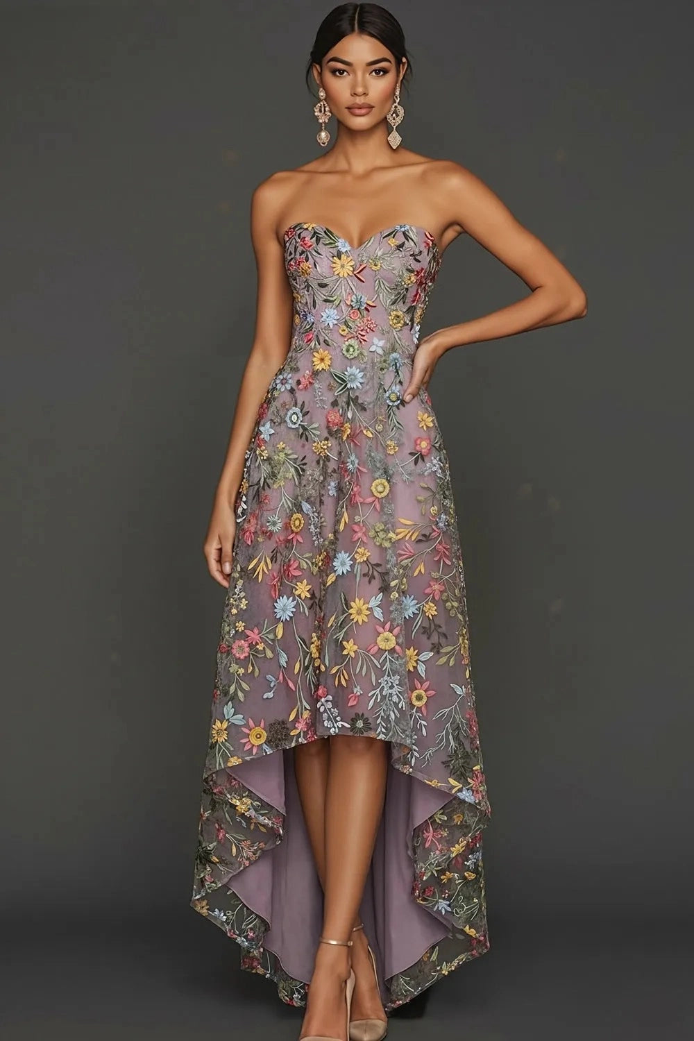 Romantic A Line Sweetheart Strapless Floral Embroidered High Low Wedding Guest Dress