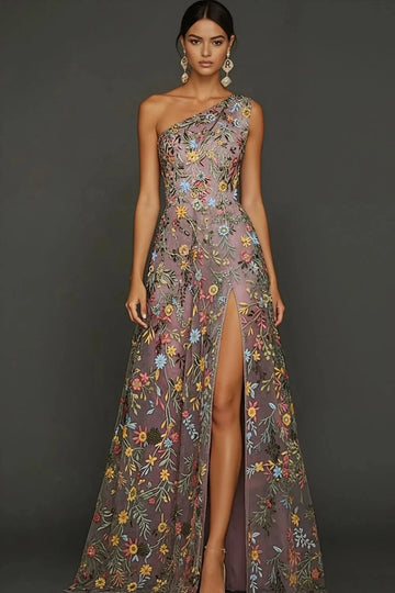 Romantic Floral Embroidered A-Line One Shoulder Sleeveless Backless Long Prom Dress