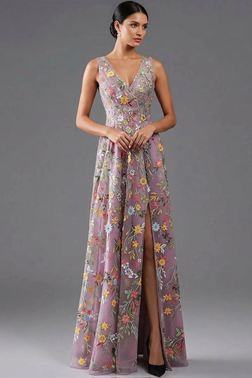 Elegant A Line V Neck Sleeveless Floral Embroidered Slit Floor Length Wedding Guest Dress