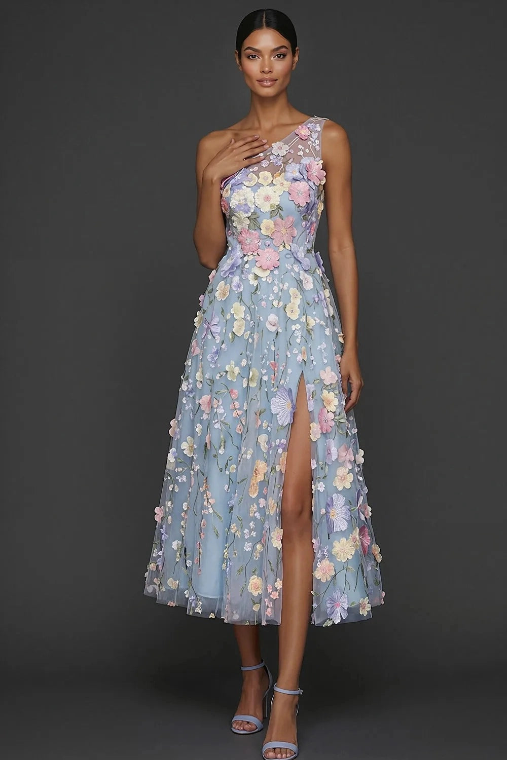 Romantic A Line One Shoulder 3D Floral Sleeveless Midi Wedding Guest Dress