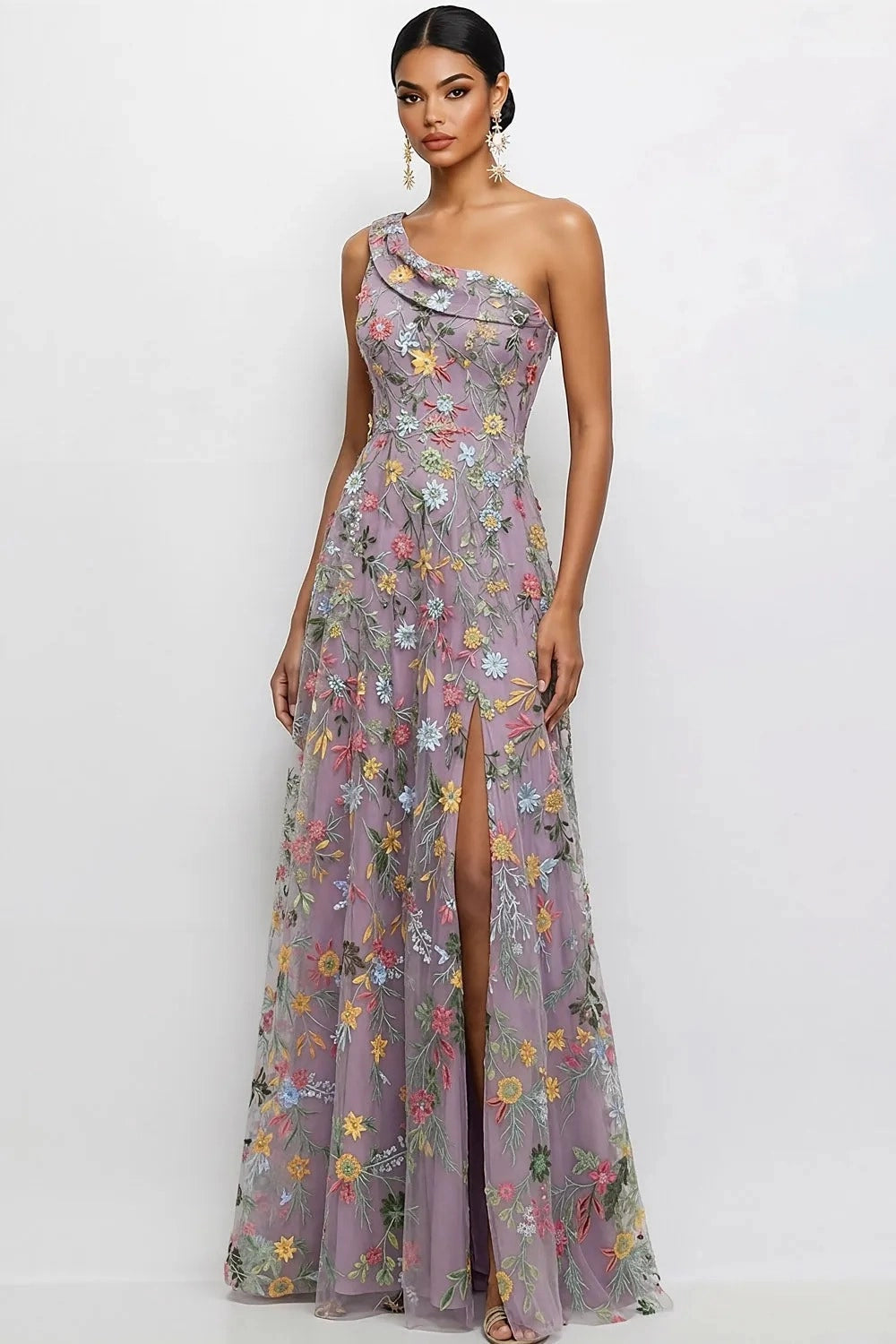 Chic A Line One Shoulder Floral Embroidered Slit Floor Length Wedding Guest Dress