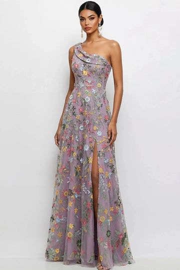 Chic A Line One Shoulder Floral Embroidered Slit Floor Length Wedding Guest Dress