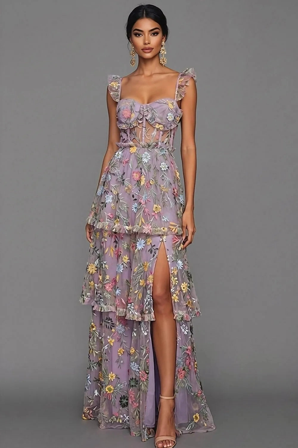 Romantic A Line Sweetheart Ruffle Strap Floral Embroidered Tiered Wedding Guest Dress