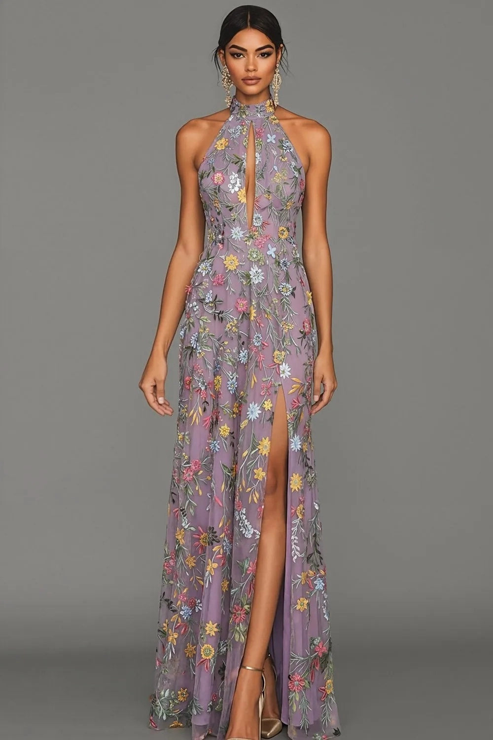 Romantic Floral Embroidered A-Line Halter Sleeveless Backless Long Wedding Guest Dress