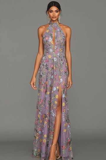 Romantic Floral Embroidered A-Line Halter Sleeveless Backless Long Wedding Guest Dress