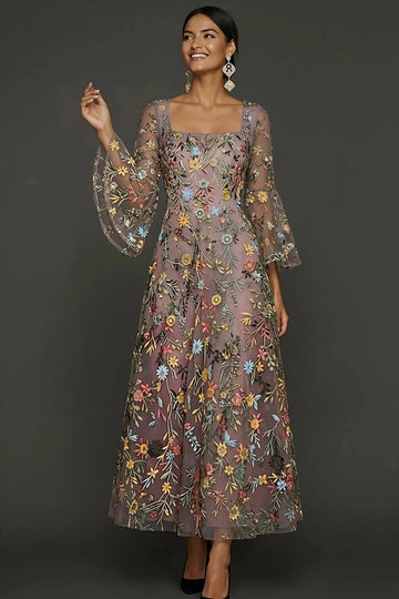 vedress mauve floral embroidered A-line wedding guest dress with square neck and sheer flutter sleeves