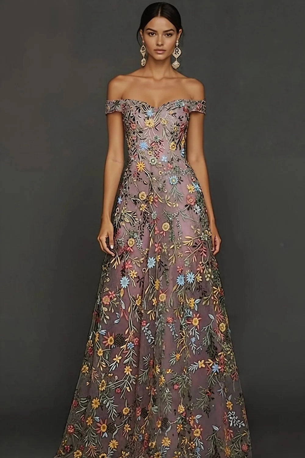 Romantic A Line Sweetheart Off Shoulder Floral Embroidered Floor Length Wedding Guest Dress