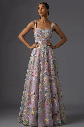 Romantic Floral Embroidered A-Line Square Neck Sleeveless Low Back Wedding Guest Dress