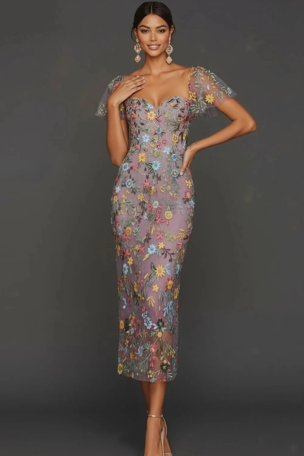 vedress mauve floral embroidered sheath midi wedding guest dress with sweetheart neckline and flutter sleeves