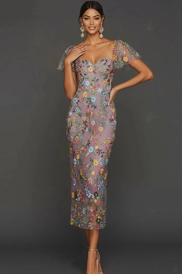 vedress mauve floral embroidered sheath midi wedding guest dress with sweetheart neckline and flutter sleeves