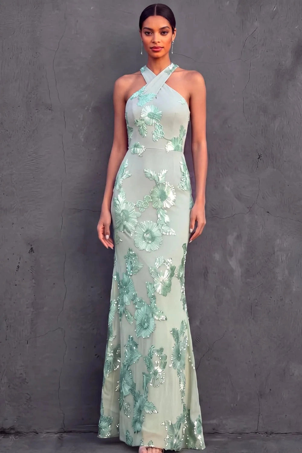 Elegant Mermaid Halter Sleeveless Crisscross‑Back Long Prom Bridesmaid Gown