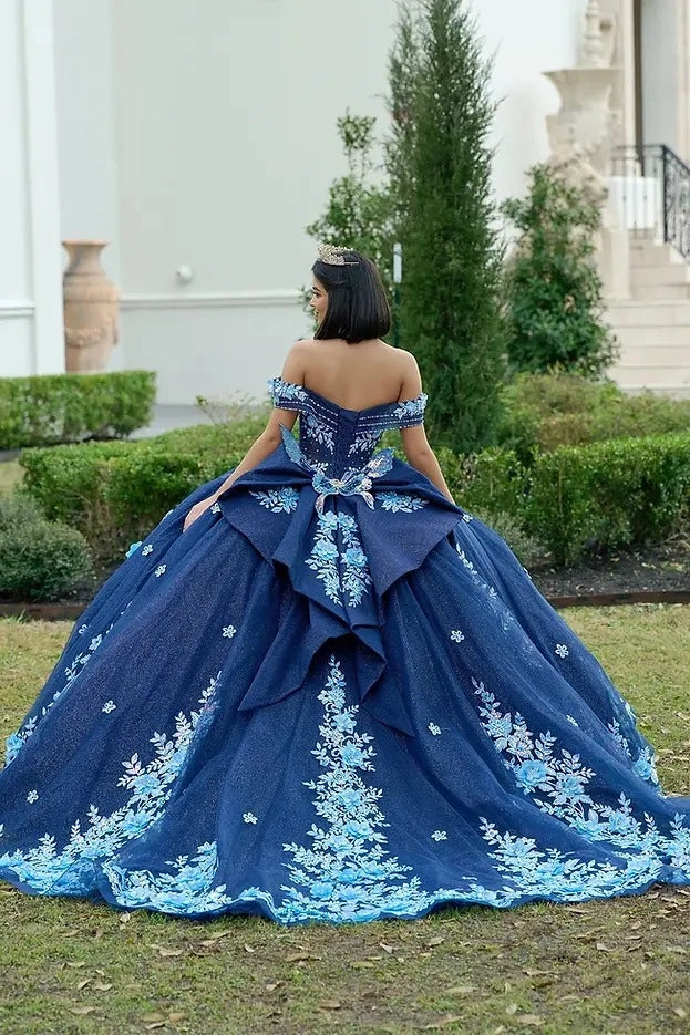 Back view Vedress navy blue quinceanera gown corset open back big bow floor length tulle dress
