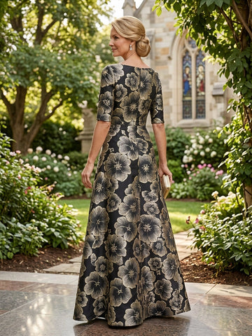 Vedress black gold jacquard floral a-line wedding mother dress back view