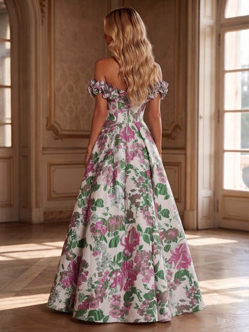 Vedress floral jacquard off shoulder prom gown zipper back view