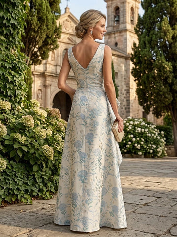 Vedress cream blue floral jacquard sleeveless mother of bride dress deep v back view