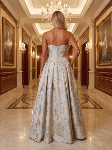 Vedress jacquard strapless corset ballgown back view open back center zipper full pleated skirt