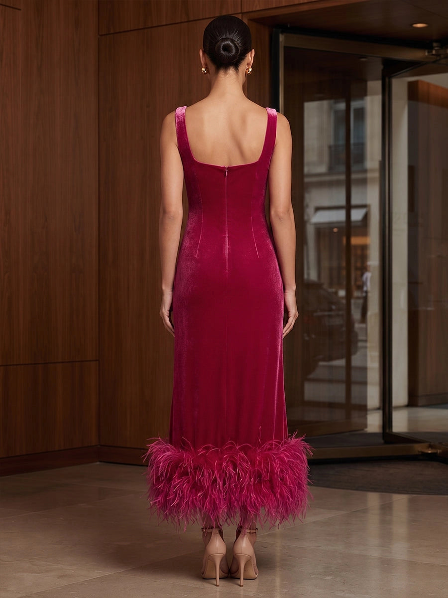 Back view vedress square zip back velvet mermaid midi plus size prom gown with feather trim