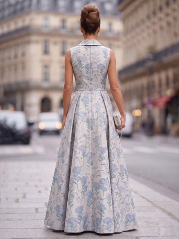 Vedress blue floral jacquard A-line formal gown zipper back view